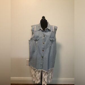 Grace & Emma womens denim lace light distressed‎ button front western vest XXL